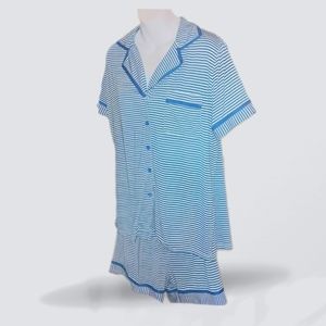Pajama Set Short Sleeve Button Down Top and Shorts Blue White Stripes Size L